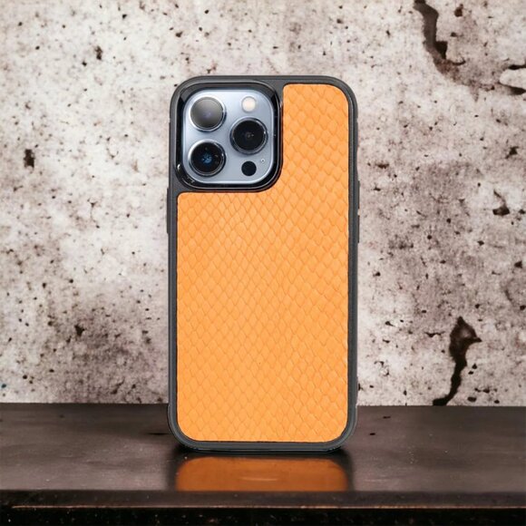 iPhone 13 Pro Case - Exotic Python Handmade - Electric Orange Color - Picture 3 of 5